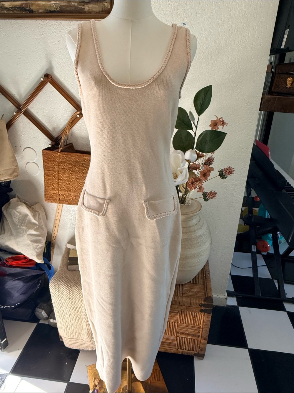 Endless Rose Braided-Trim Sleeveless Knit Dress in Light Beige - Picture 2 of 4
